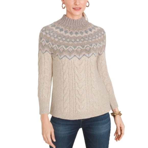 Chico’s Cable Yarn Sweater Fair Isle Wool Blend Alpaca Mock Neck Tan/Gray Sz 2P - Picture 1 of 12
